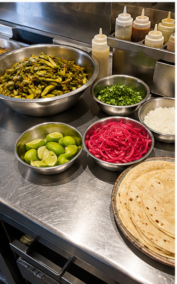 Vorbereitung von Tacos mit frischen Zutaten und hausgemachten Salsas