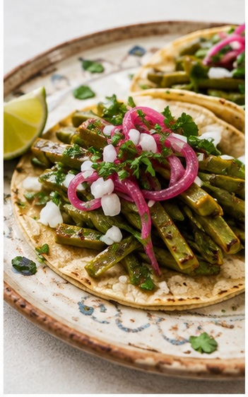 Nopales Tacos mit gegrilltem Kaktus und eingelegten roten Zwiebeln