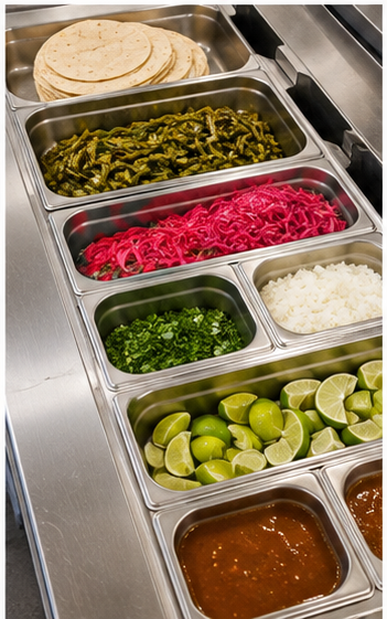 Mise en Place mit Tortillas, Limetten, Koriander und Salsa für Taco Catering
