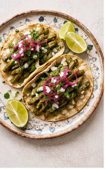 Mexikanische Tacos mit Nopales, Koriander und Limette
